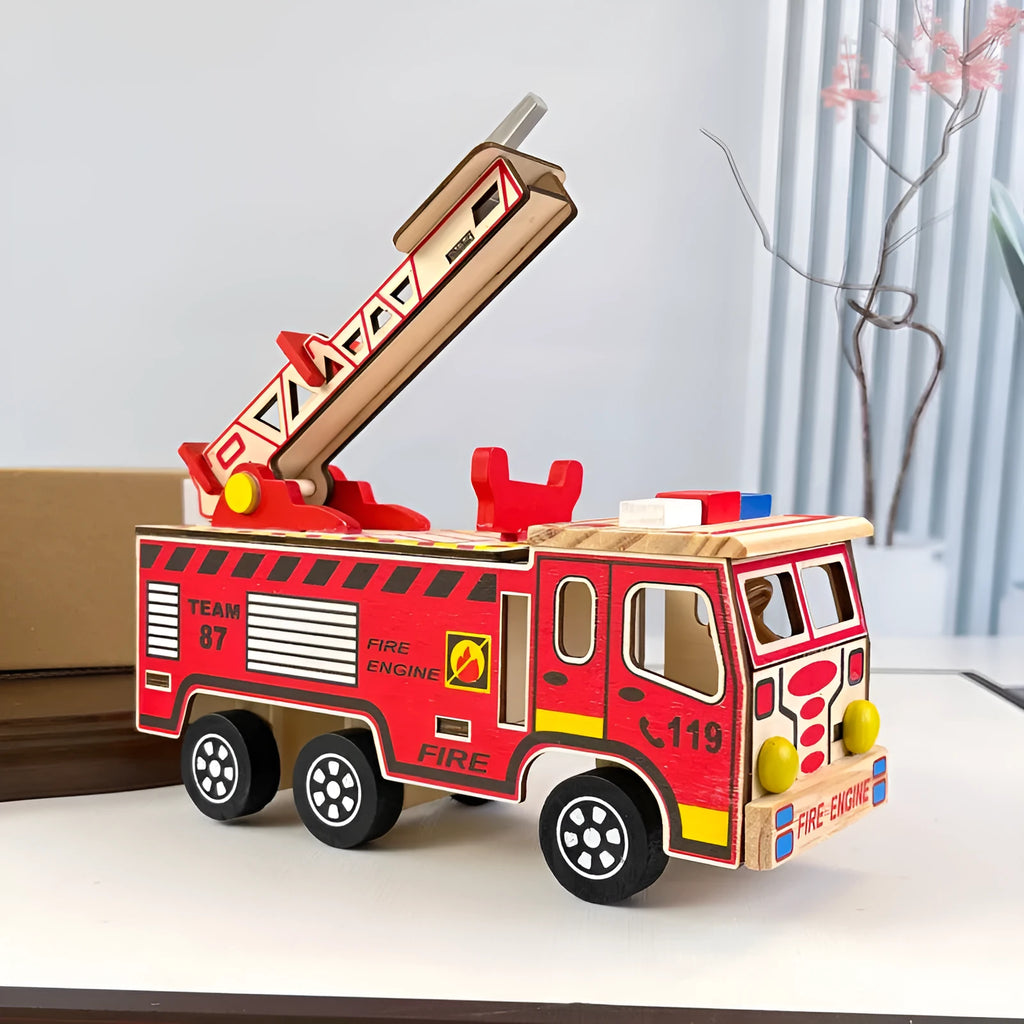 Colourful wooden fire truck model toy on a white background, 21.5cm long, bright default colour