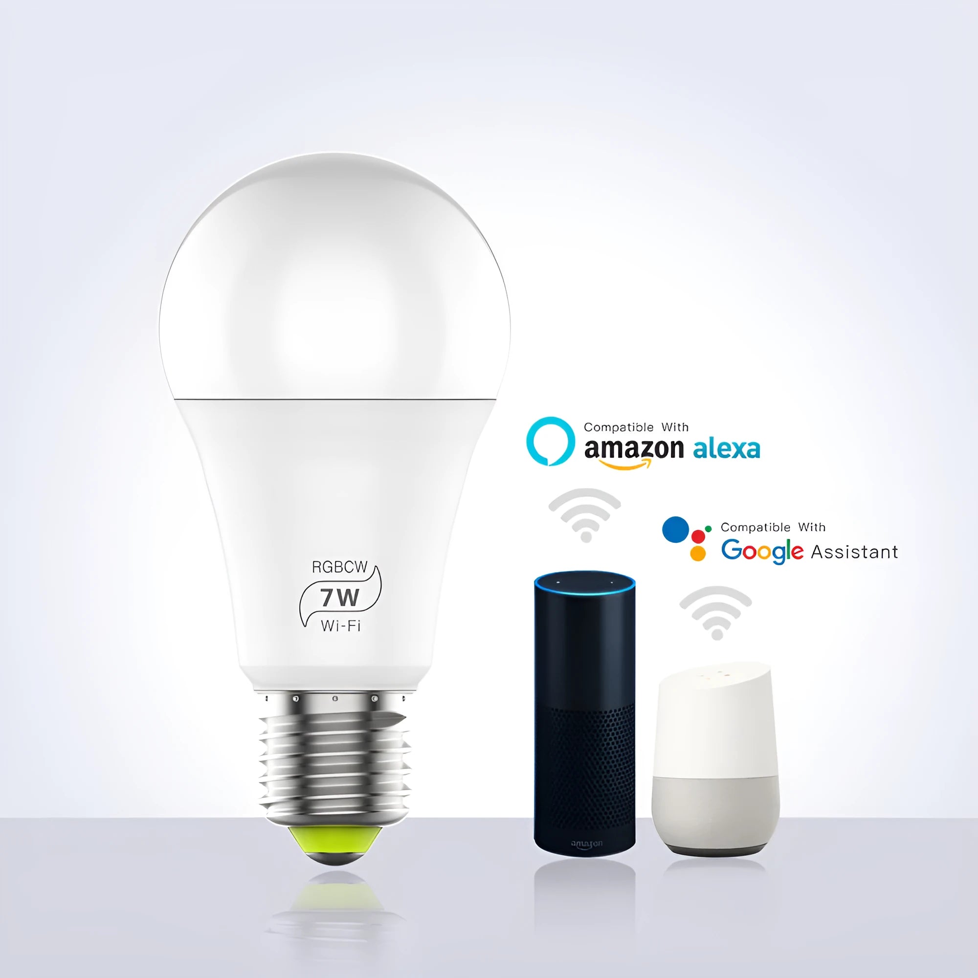 Smart WiFi LED light bulb with E27 screw cap, compatible with Alexa and Google Home voice control
