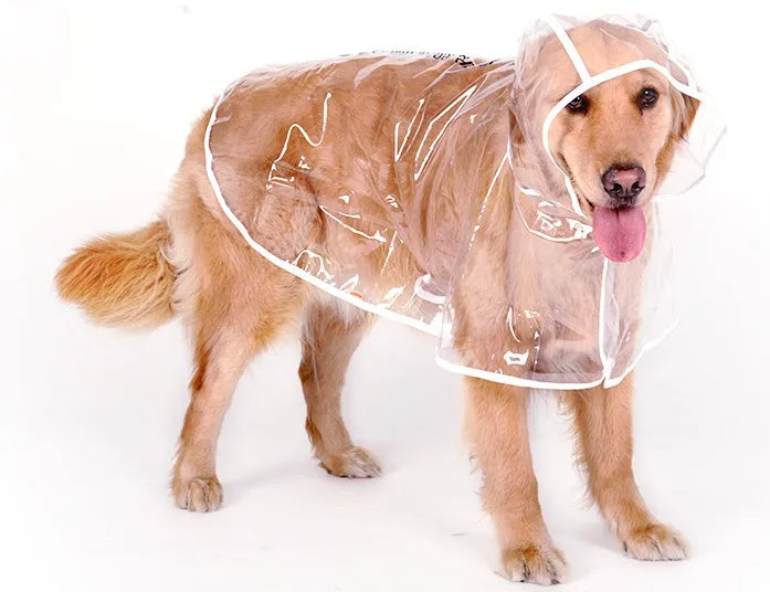 Transparent white waterproof raincoat for large dogs, size 3XL to 7XL, laid flat on a surface.
