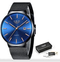 Men's stainless steel wristwatch showing 40mm dial with all-black, all-blue, and black-blue colour options