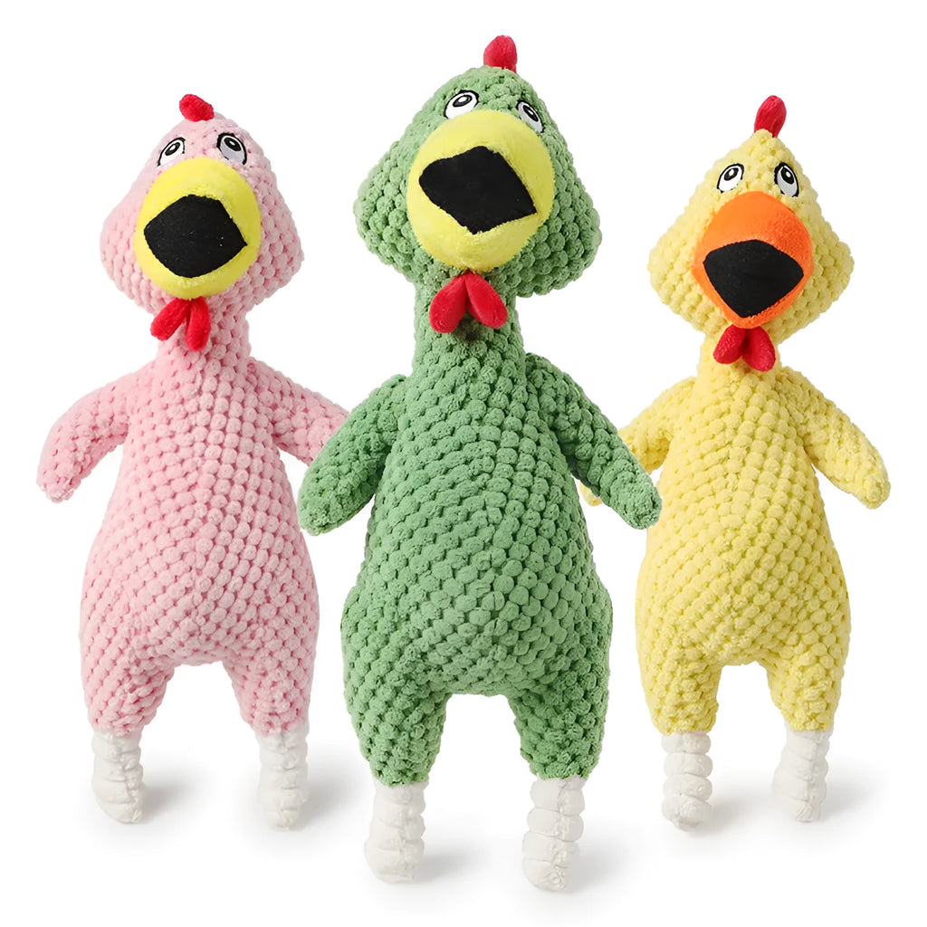 Pink pineapple velvet squeaky pet toy shaped like a chicken, 35cm long, on a white background