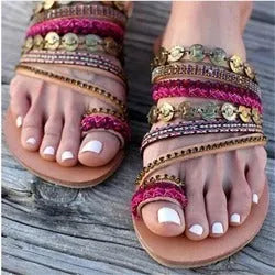 Red bohemian flower fish mouth flat sandals for women in artificial PU leather