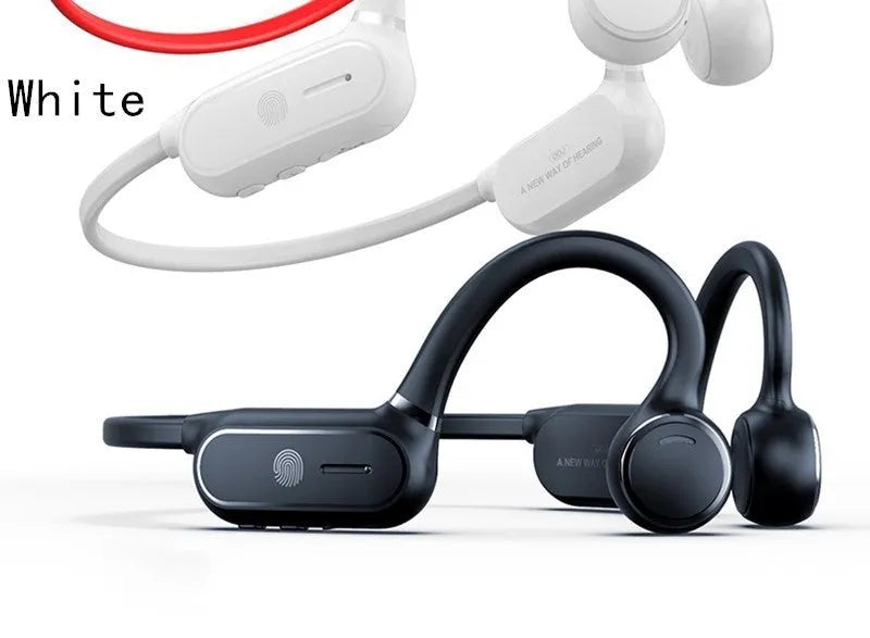 Black air conduction wireless earphones with an over-ear hook design and titanium alloy frame.