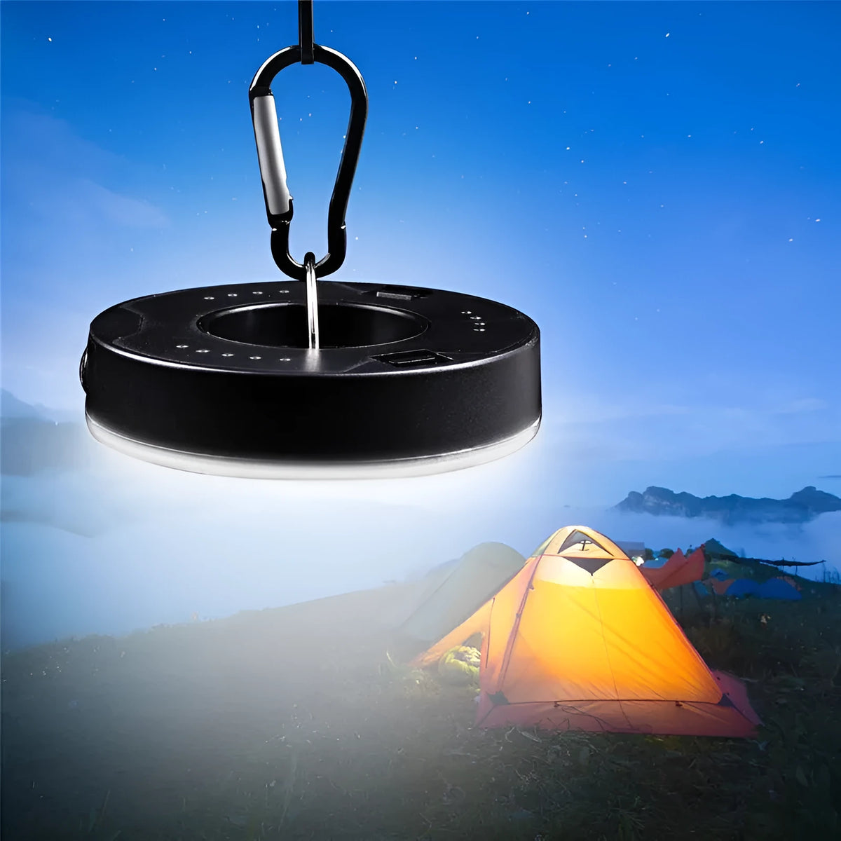 COB LED tent light with carabiner, ABS plastic shell, floodlight beam over 3 metres, primary colour