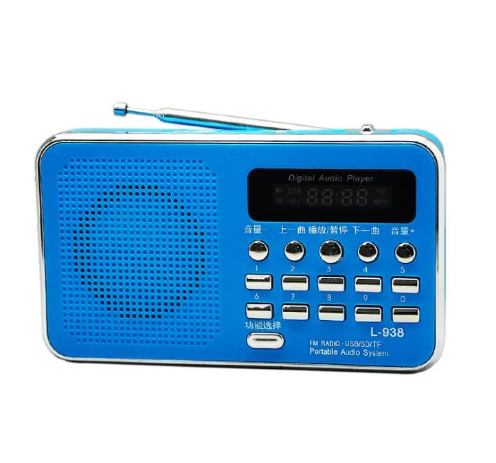 L-938 plugin MP3 speaker in white with button controls and USB interface