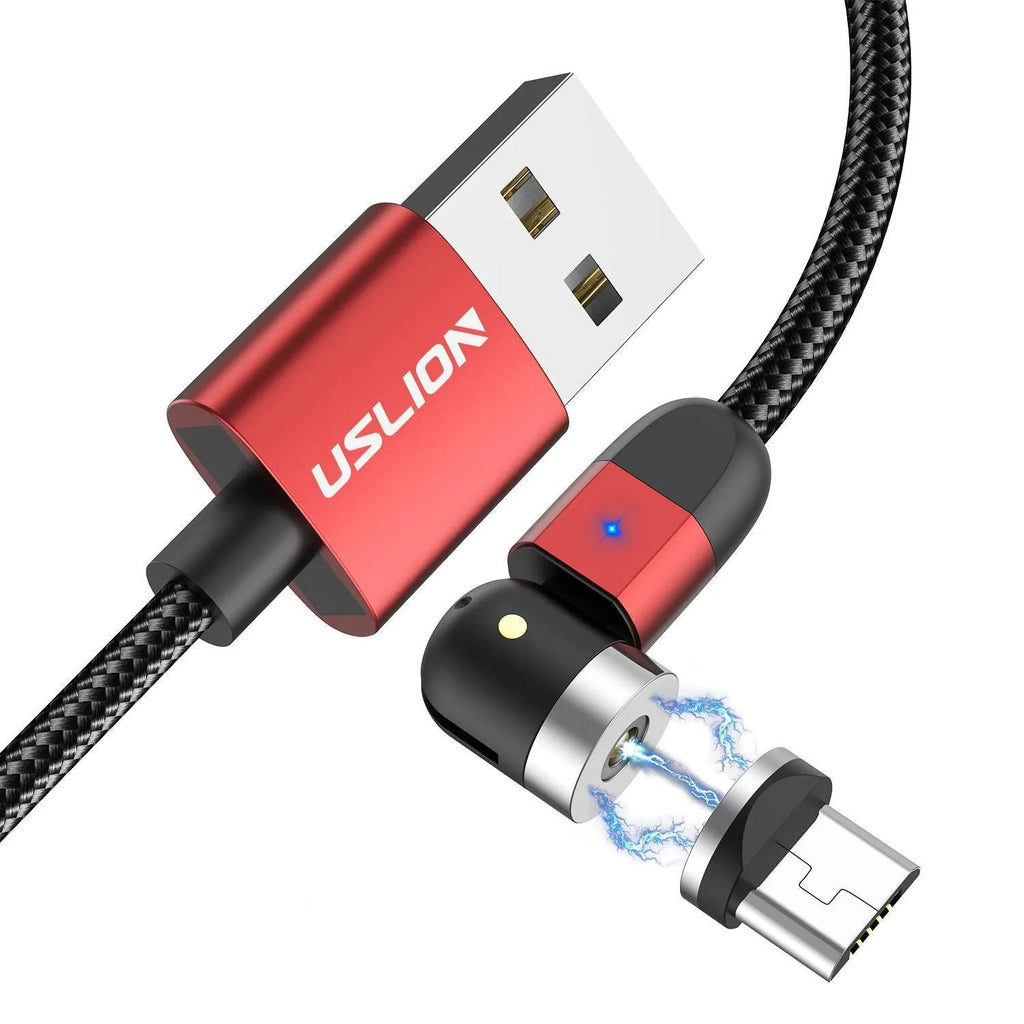 540° magnetic three-in-one data cable with aluminium alloy connector, TPE jacket, and LED indicator light on a table next to a smartphone