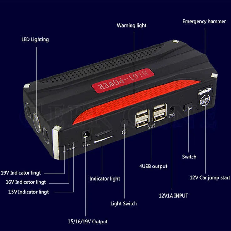 GG-JS-18 car jump starter with battery clamps, 4-in-1 cable, and laptop connectors in retail tool case
