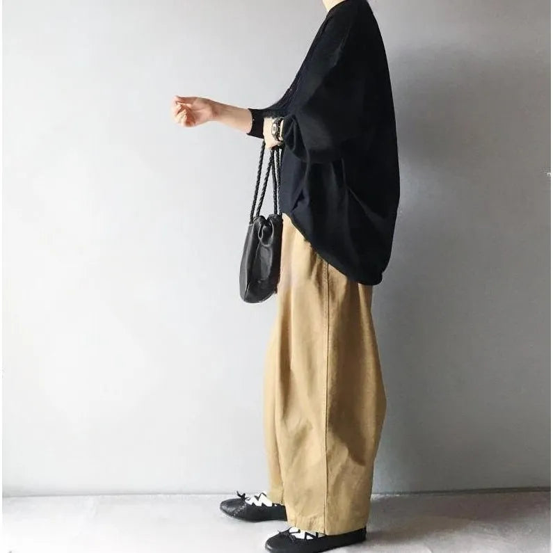 Women's two-piece set with loose round neck lantern sleeve sweater and cropped wide leg pants in picture colour