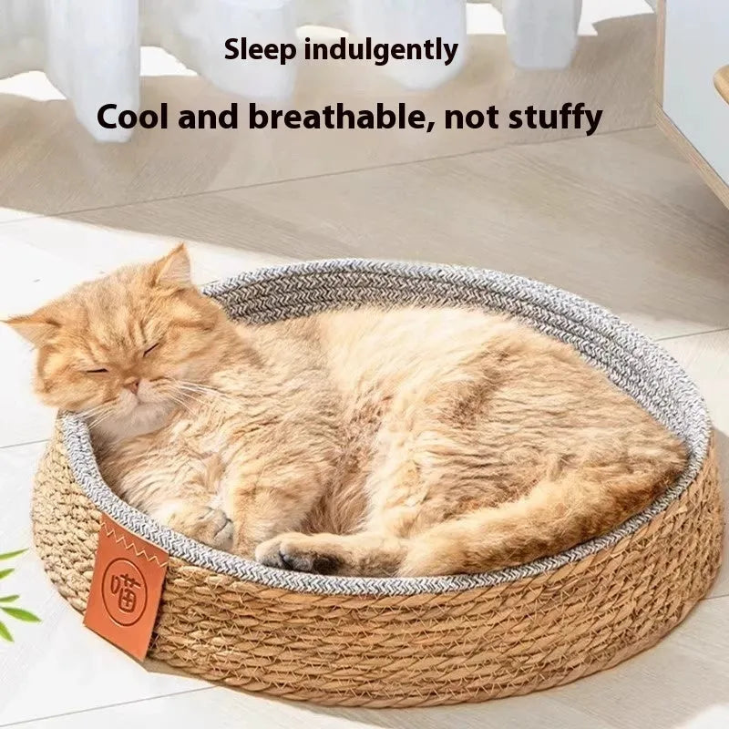 Natural woven rattan cat bed nest for small pets, shown in a size suitable for a cat.