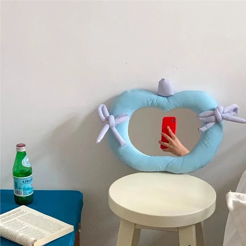 Korean-style decorative pillow mirror with fabric frame and aluminium reflective surface