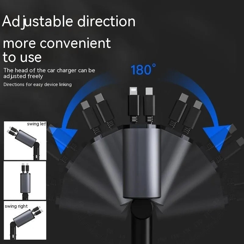 Automatic retractable 120W car charger with one-to-four USB ports and cigarette lighter plug.