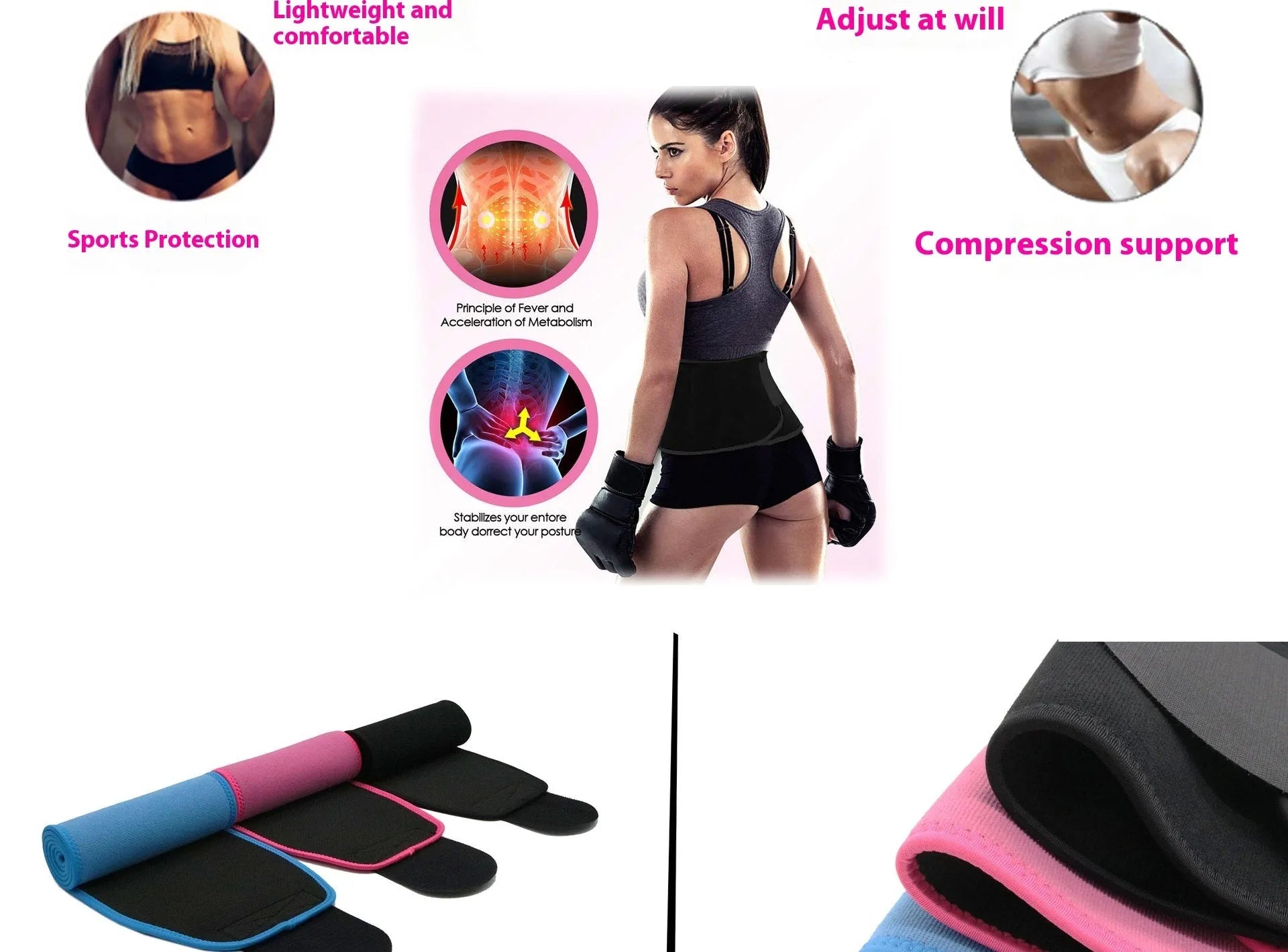 A neoprene lumbar support belt for sports and fitness, shown in black, blue, and pink colour options.
