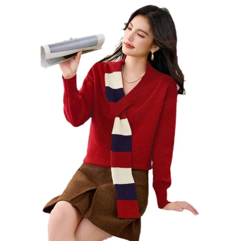Women's striped V-neck sweater fake two piece long sleeve knit pullover loose fit green colour adult female