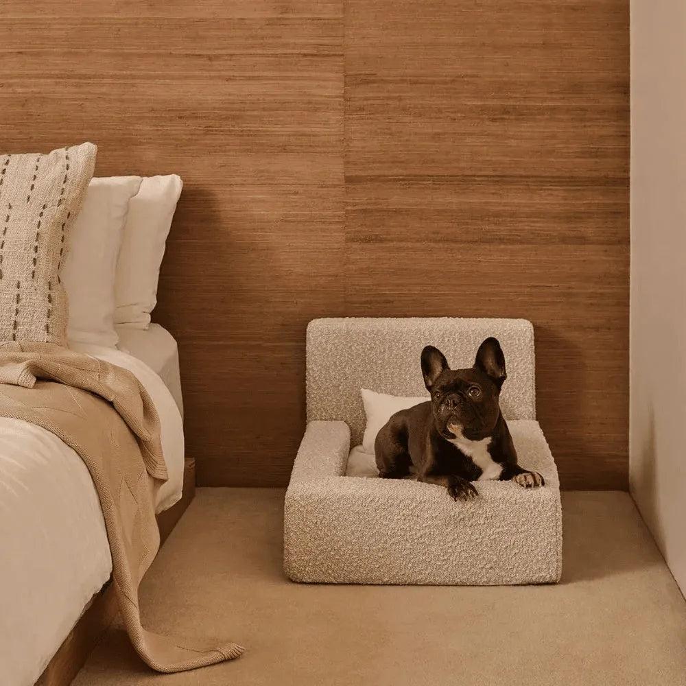 White rectangular dog mat with backrest and sponge filling in L size on a floor