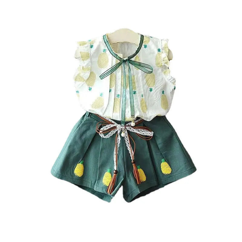 Girls' cotton sleeveless blouse and shorts two-piece set with dot print and bow, green and pink options for 100-140cm height