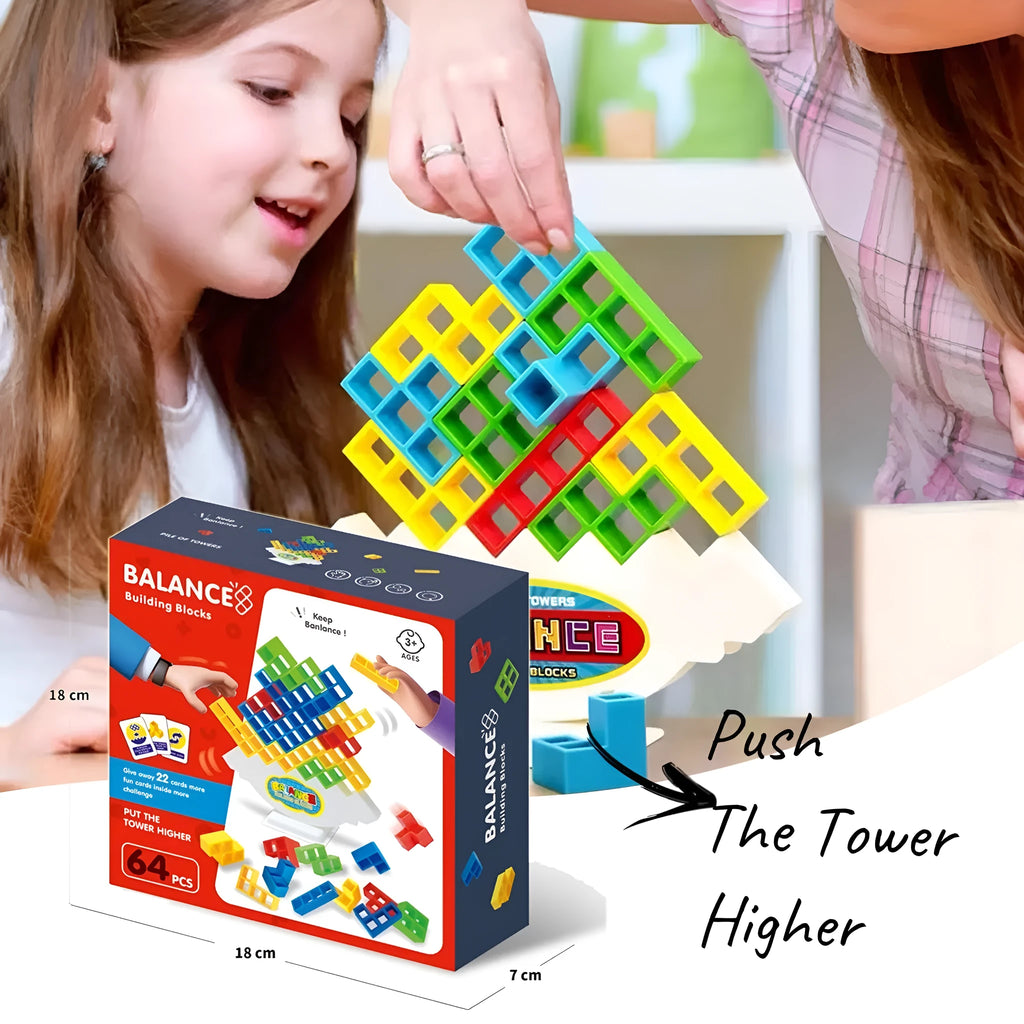 Plastic balance stacking board game with 16 coloured blocks, chassis, and base on a 26.5cm square box.