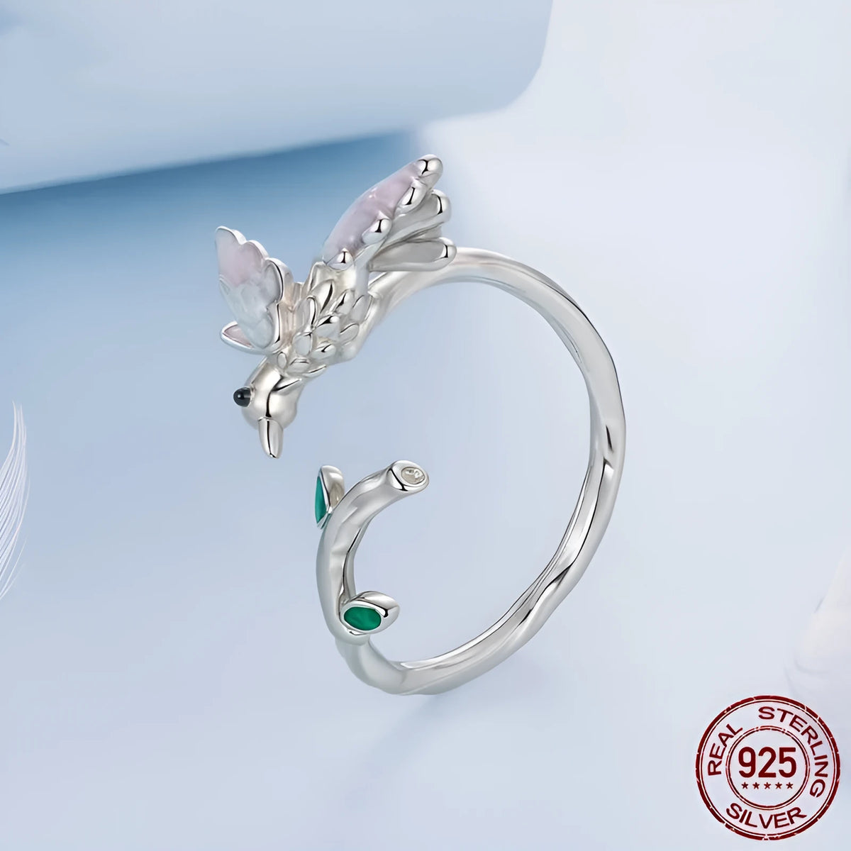 S925 sterling silver kingfisher open ring with adjustable opening and dripping oil finish in colour BSR715-E