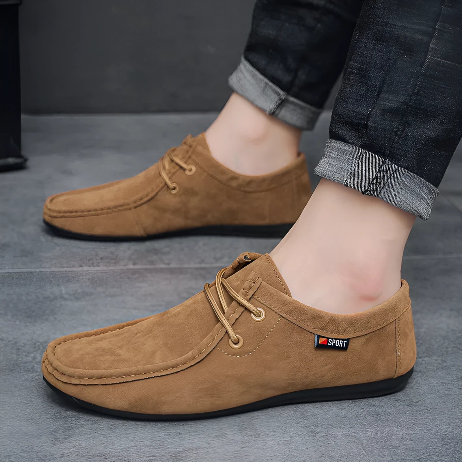 Men's brown casual slip-on loafers with suede finish, round toe, low heel, non-slip plastic sole
