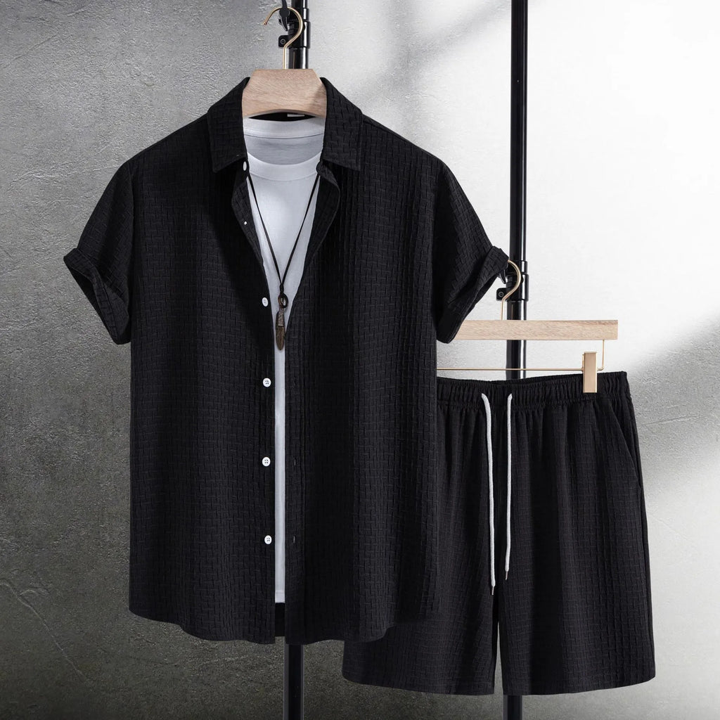 Men's casual short sleeve flower shirt and matching shorts in a white or black cotton blend set.