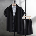 Men's casual short sleeve flower shirt and matching shorts in a white or black cotton blend set.