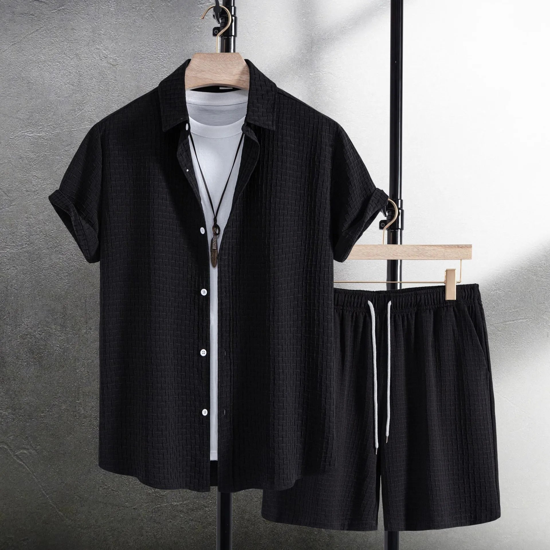 Men's casual short sleeve flower shirt and matching shorts in a white or black cotton blend set.