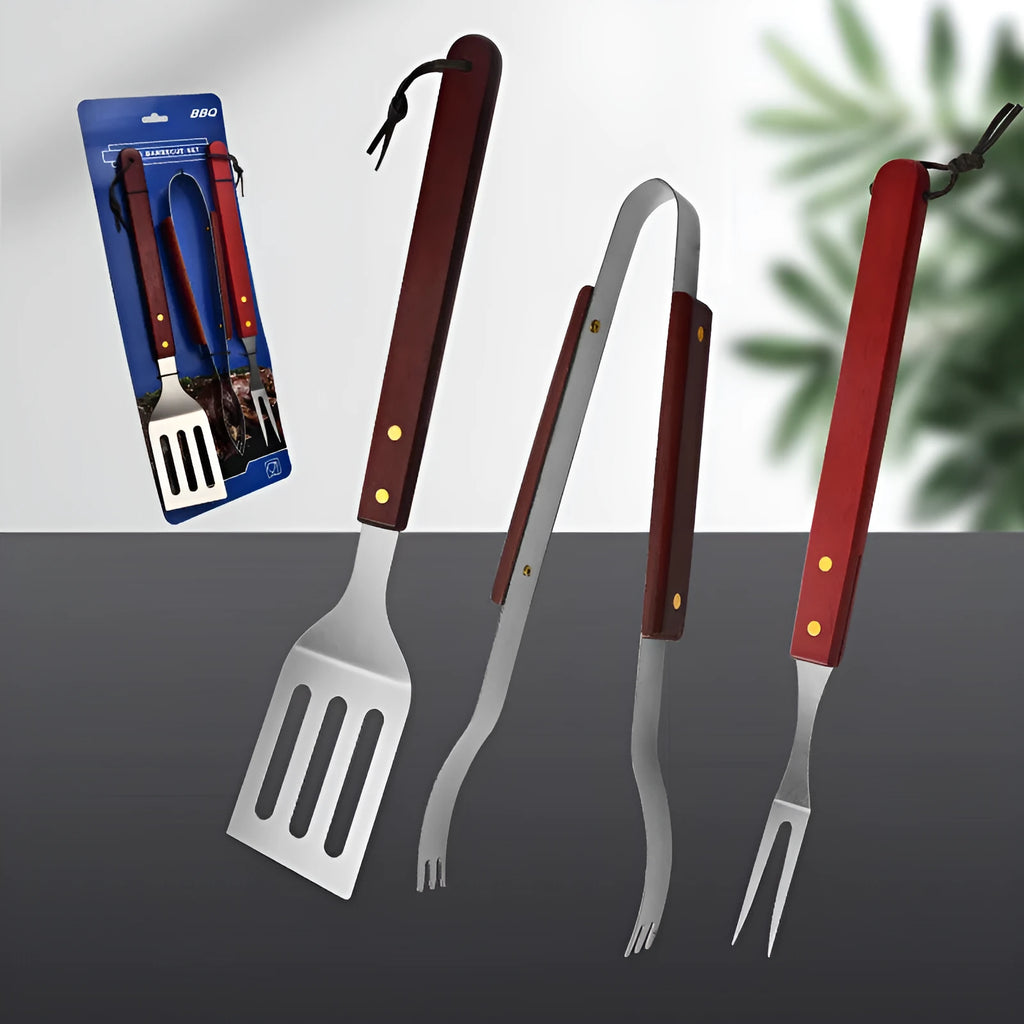 BBQ tool set with stainless steel shovel, fork and tongs with wooden handles