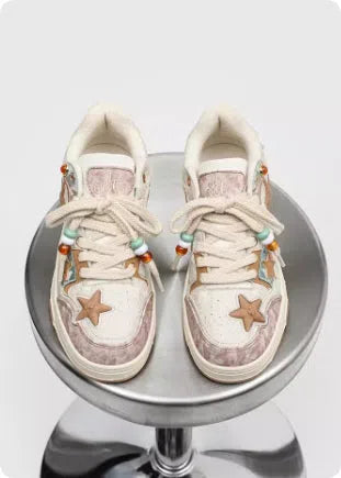 High-end platform sneakers with star pattern for couples in pink, lace-up closure, fabric upper