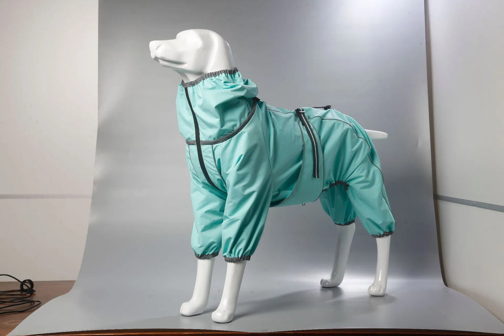 Red cotton-padded dog winter shell jacket on a mannequin, showing sizing for chest and body length.