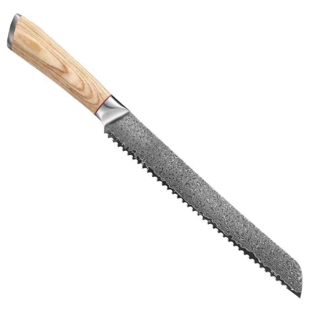 Damascus pattern kitchen knife set with V gold steel core showing 67-layer folded construction