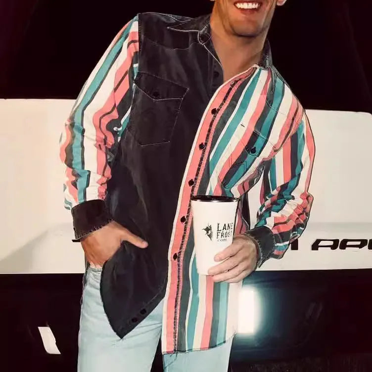 Men's retro printed loose long sleeves striped casual shirt cardigan in polyester fibre