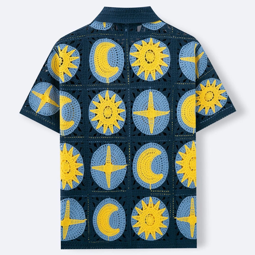 Navy blue men's short-sleeve cardigan sweater featuring a cartoon flocking pattern on the front.