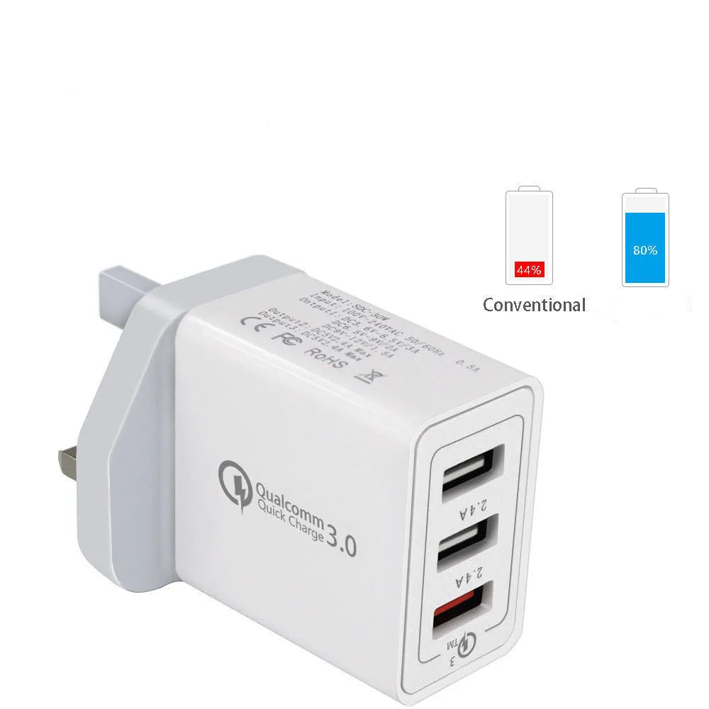 White 3 USB port mobile phone charger with EU, UK, and US plug options, 2400mA charging current