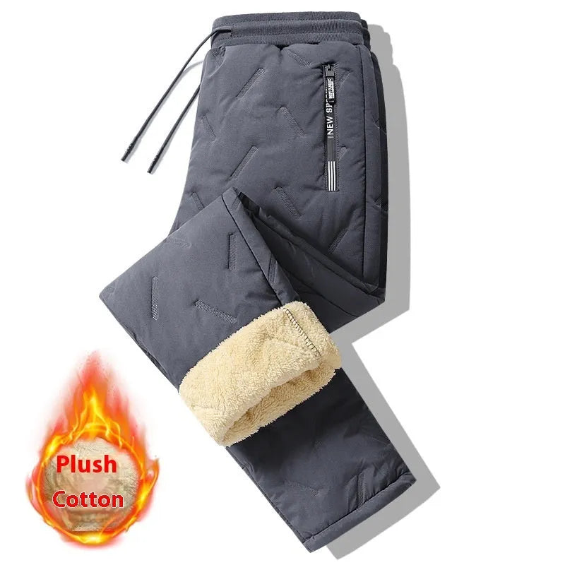 Men's winter fleece sweatpants in black straight-leg style with thick lambswool lining and elastic fabric