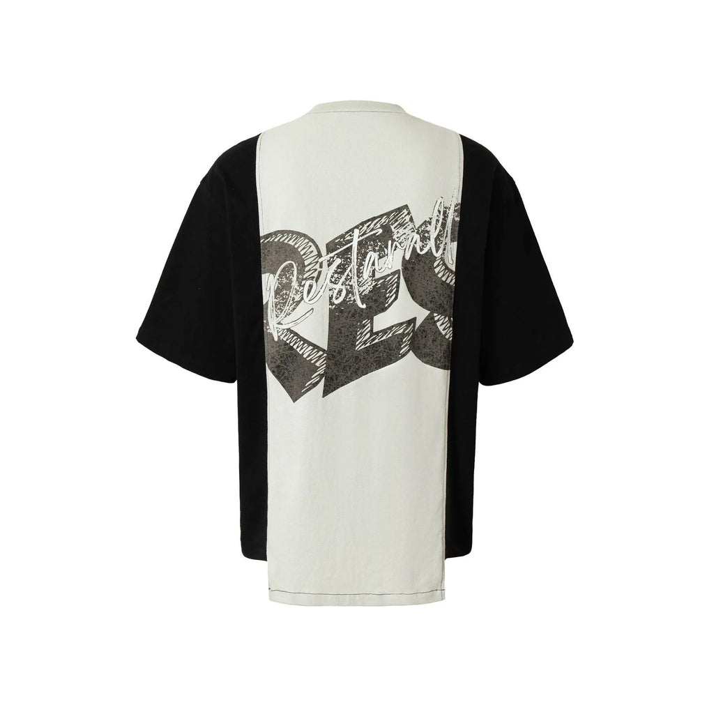 Black and white deconstruction collage printed cotton blend T-shirt with short sleeves and loose fit.