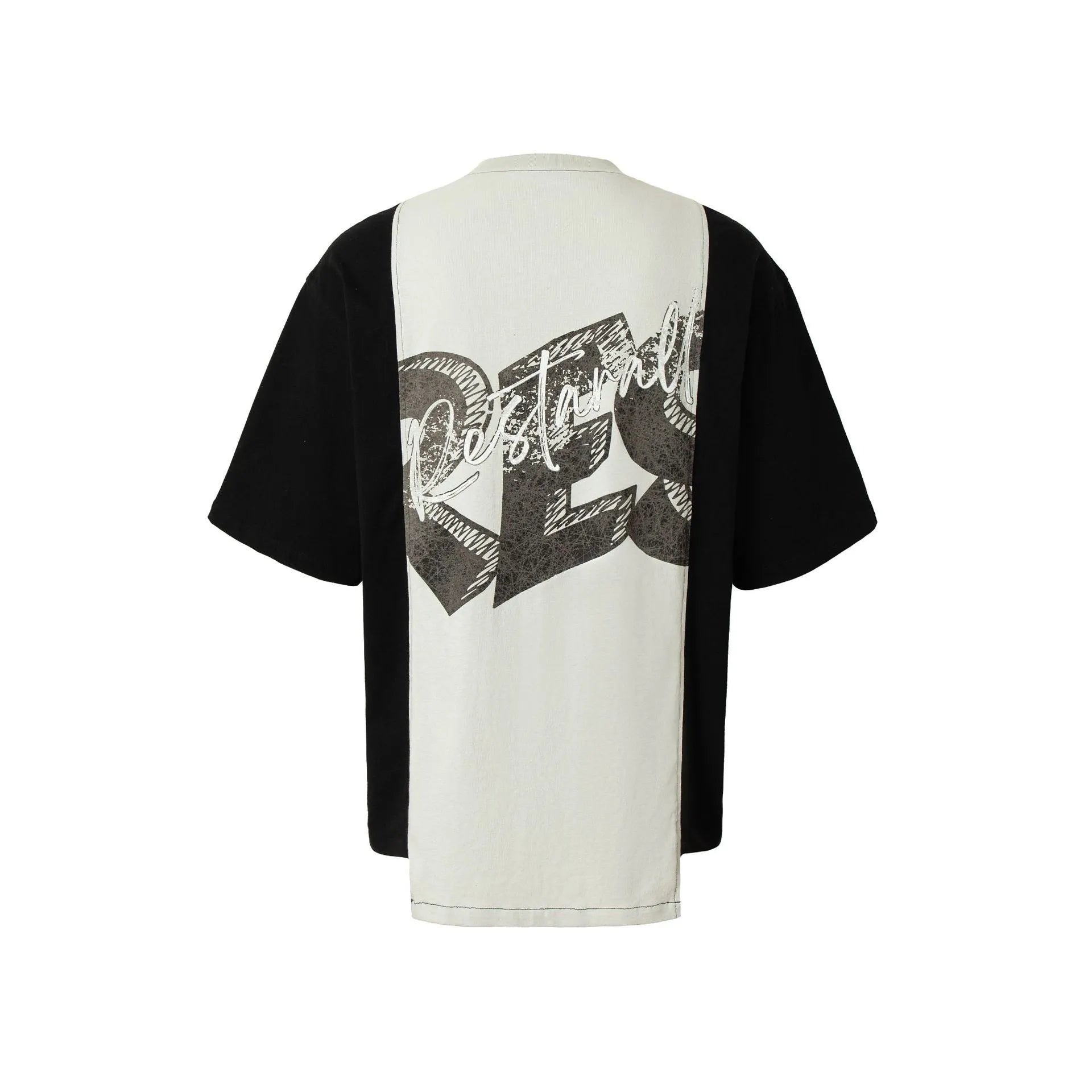 Black and white deconstruction collage printed cotton blend T-shirt with short sleeves and loose fit.
