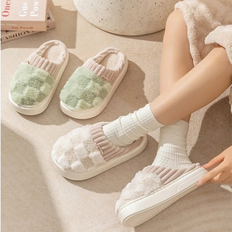 Women's plaid pattern plush slippers with coral velvet upper and PVC anti-slip sole