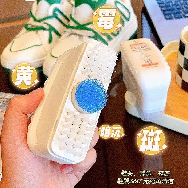 White shoes dry cleaning agent with brush head and detergent bottle for leather shoe scrubbing