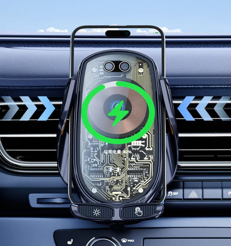 Wireless car charger with air vent mount, magnetic interface, and USB cable in gun colour or silver