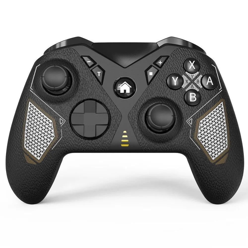 Black wireless game controller with leather-pattern texture on grips, shown front view.