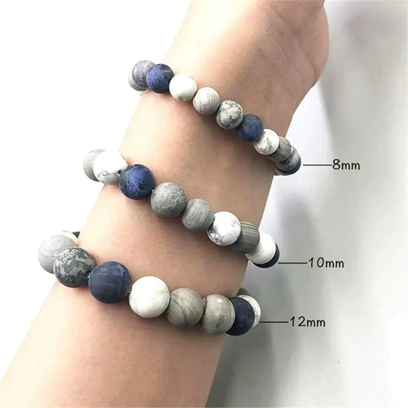 Handmade men's bracelet with planet stone starry design in U-shape, showing bead size options.