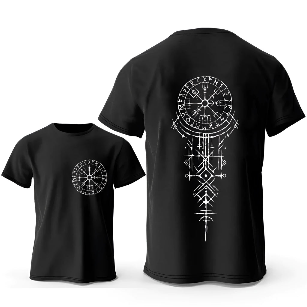 Men's grey cotton t-shirt with a large Viking rune compass graphic on the chest.