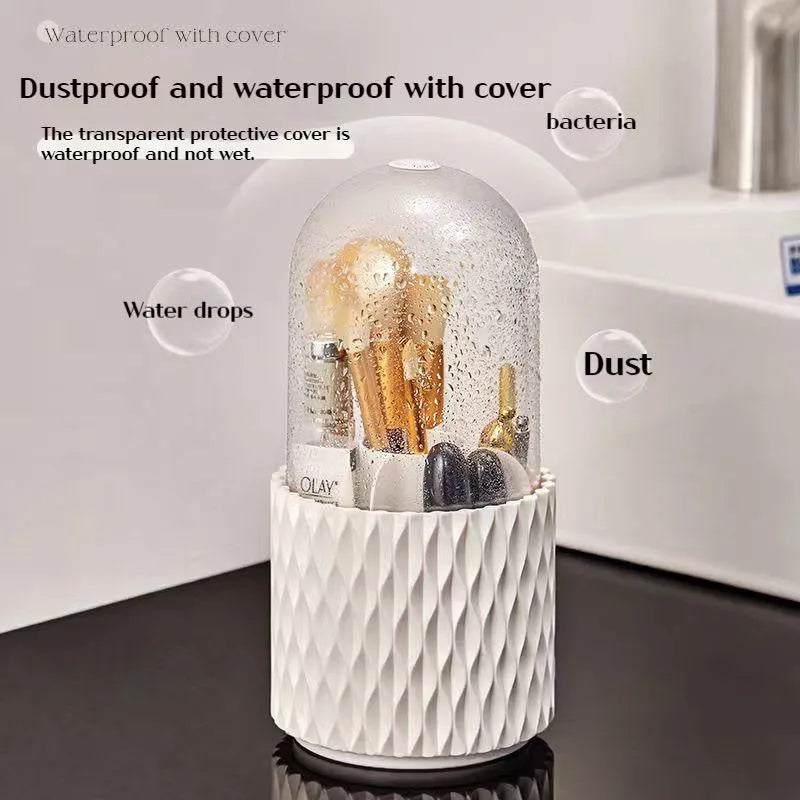 White acrylic rotating makeup brush holder with transparent dust cover showing split storage compartments
