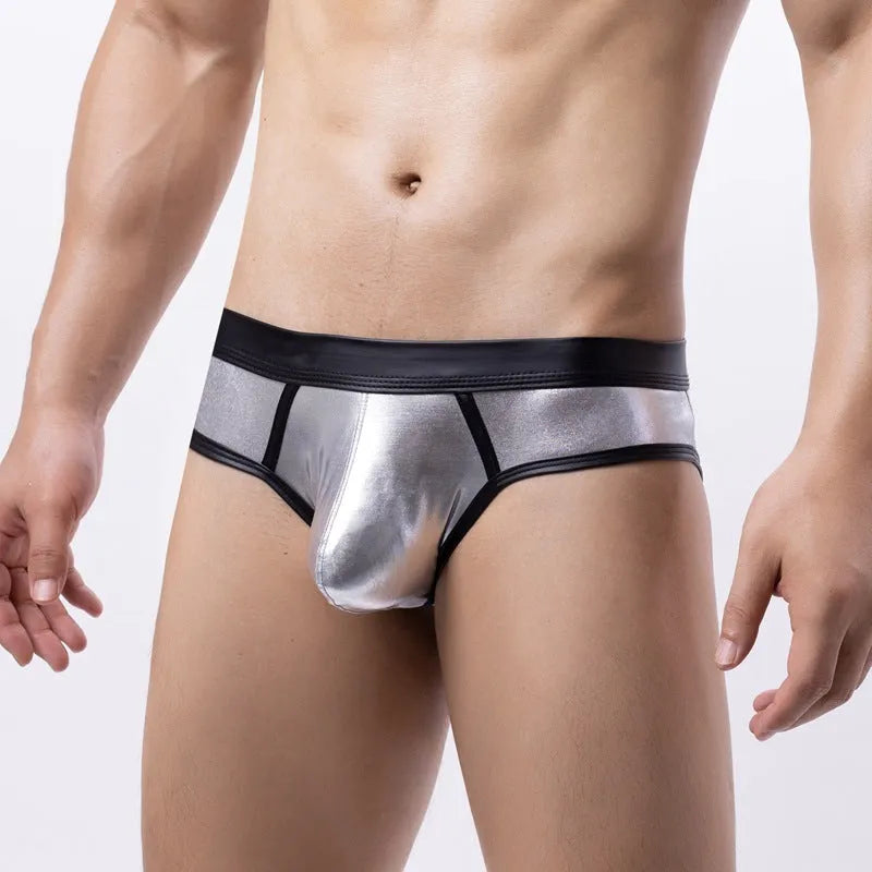 Men's patent leather look swim briefs in gold, silver and red colours with low waist design