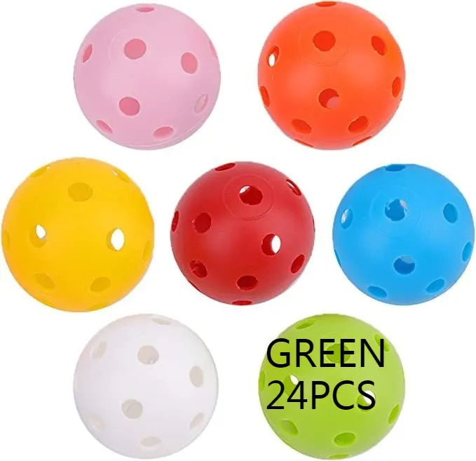 Assorted multi-colour 42mm golf practice balls with a net bag, shown next to practice putting holes.