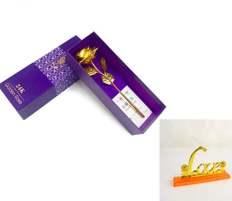 24K luminous gold rose flower set in gift box with tote bag, handmade plastic bouquet non-fade artificial roses
