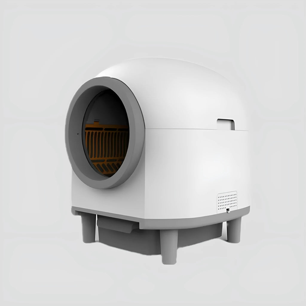 White automatic enclosed cat litter box with dimensions 556mm by 512mm by 590mm