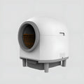 White automatic enclosed cat litter box with dimensions 556mm by 512mm by 590mm