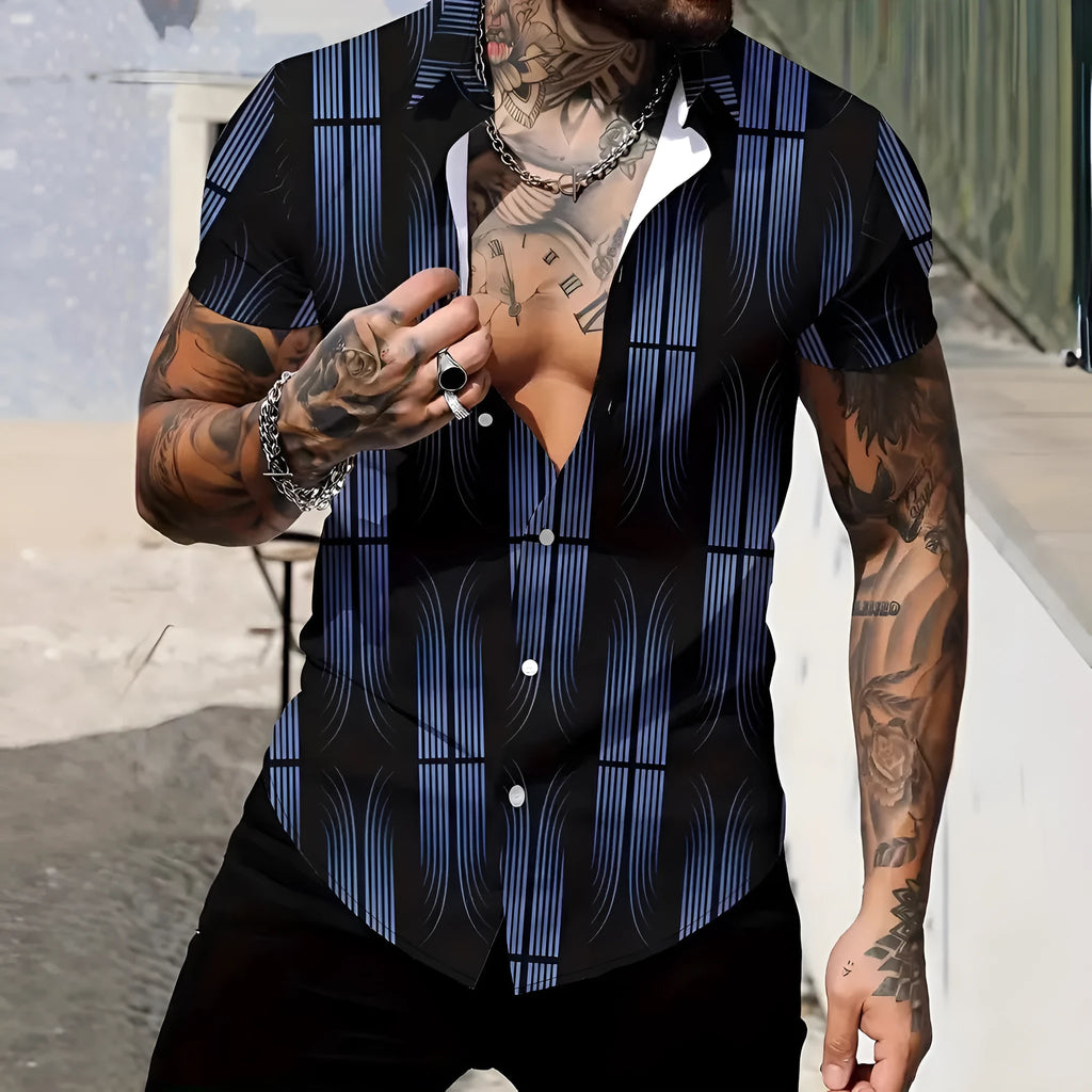 Men's slim fit geometric print short sleeve shirt with lapel collar on a hanger.