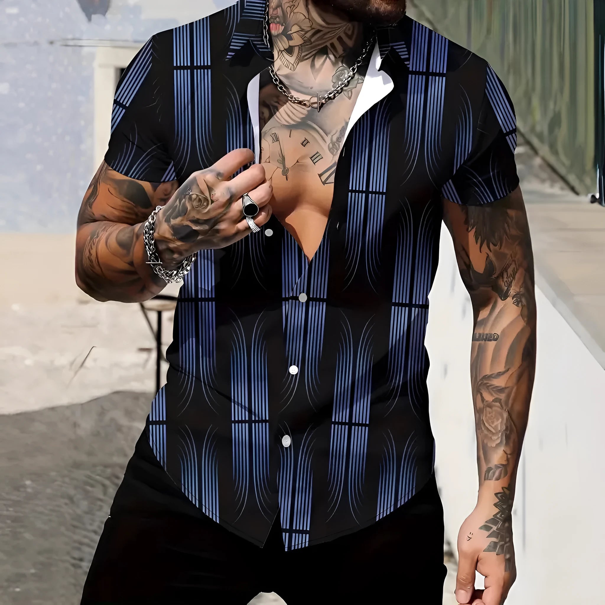 Men's slim fit geometric print short sleeve shirt with lapel collar on a hanger.