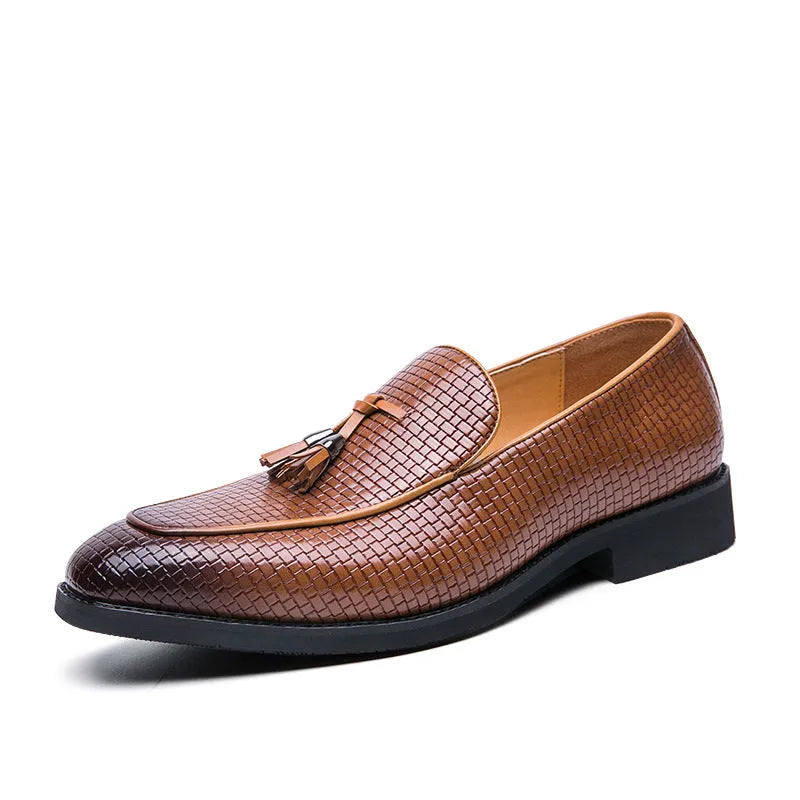 Men's black slip-on loafers with pointed toe and tassel detail, business style artificial PU shoes